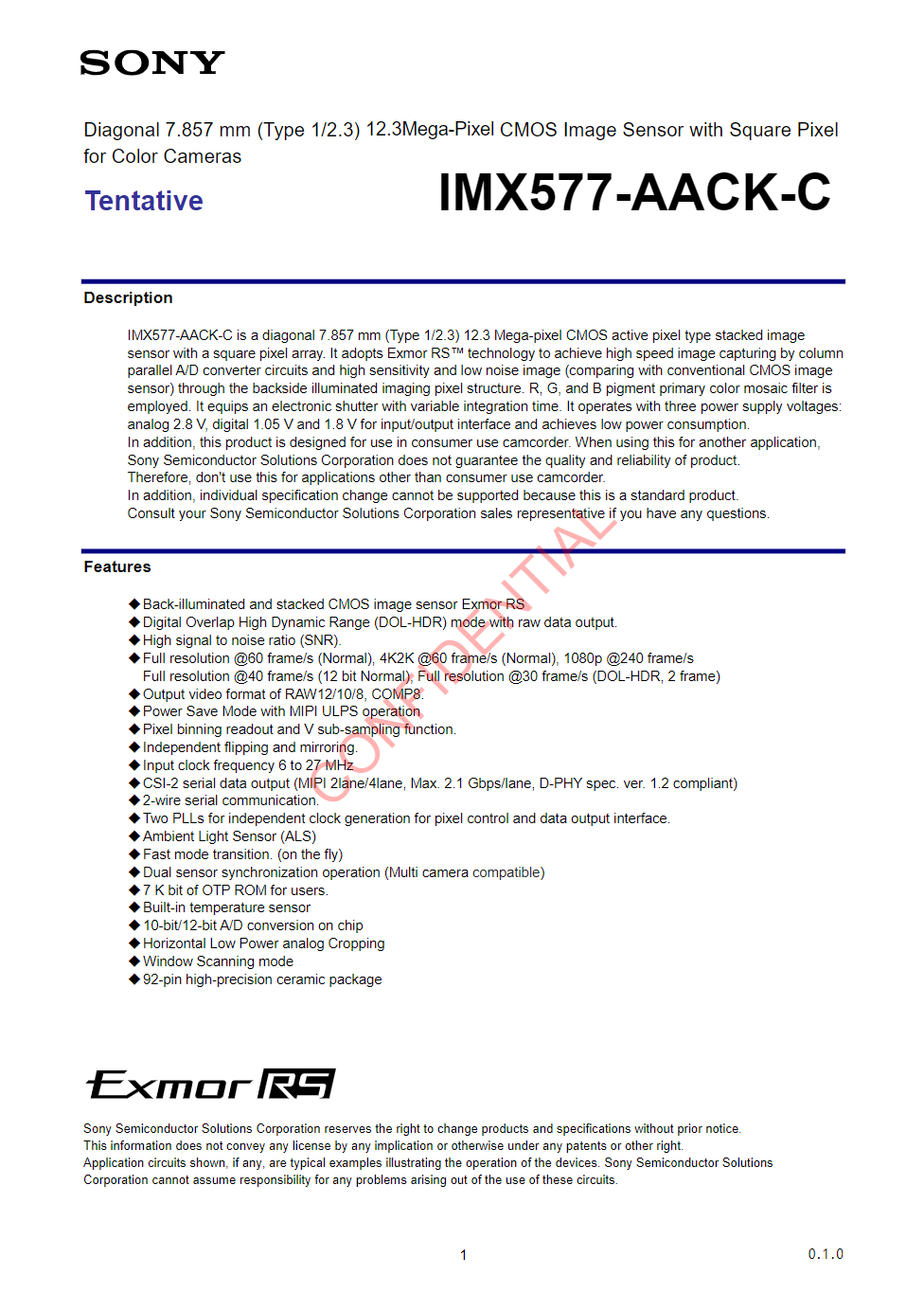 索尼IMX577 4K 1230万像素图像传感器数据手册